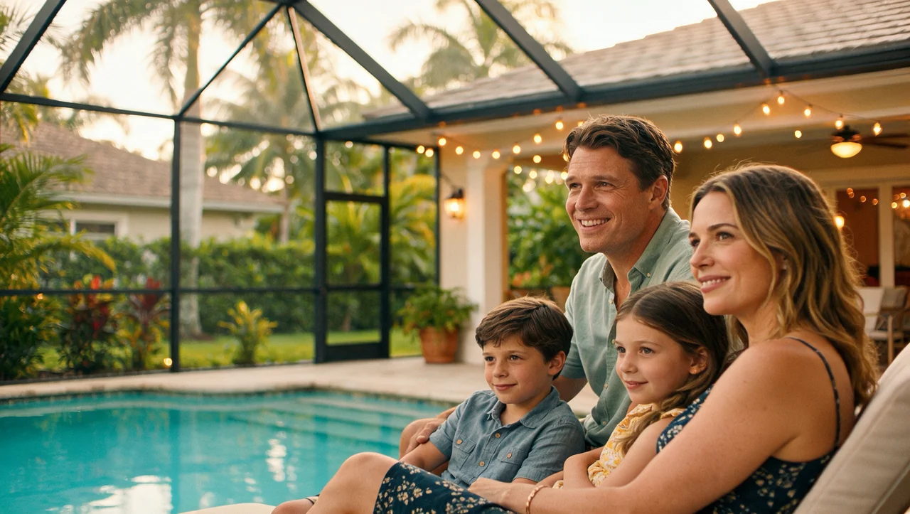 Family relaxing by the pool at a pest-free South Florida home